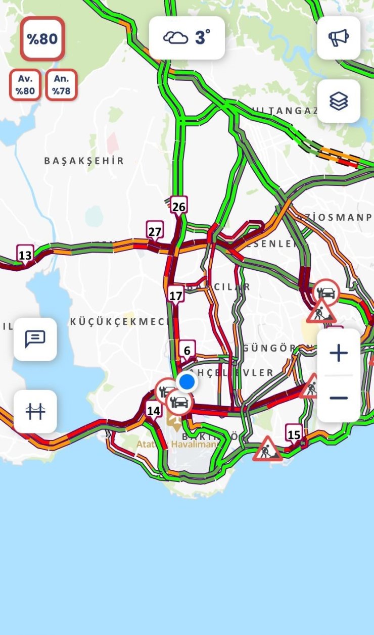 İSTANBUL’DA KAR YAĞIŞIYLA BİRLİKTE TRAFİK YOĞUNLUĞU YÜZDE 80’E ULAŞTI